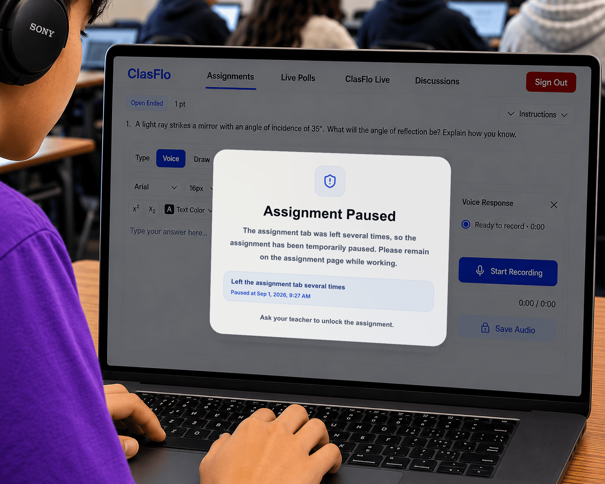 ClasFlo student assignment paused for teacher academic integrity review