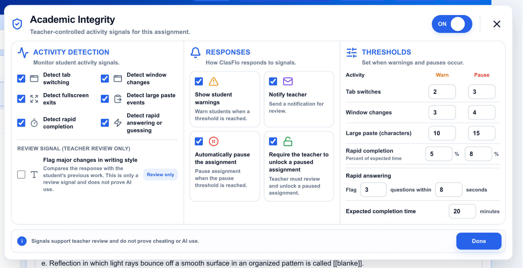 ClasFlo Academic Integrity settings showing activity detection, responses, and thresholds