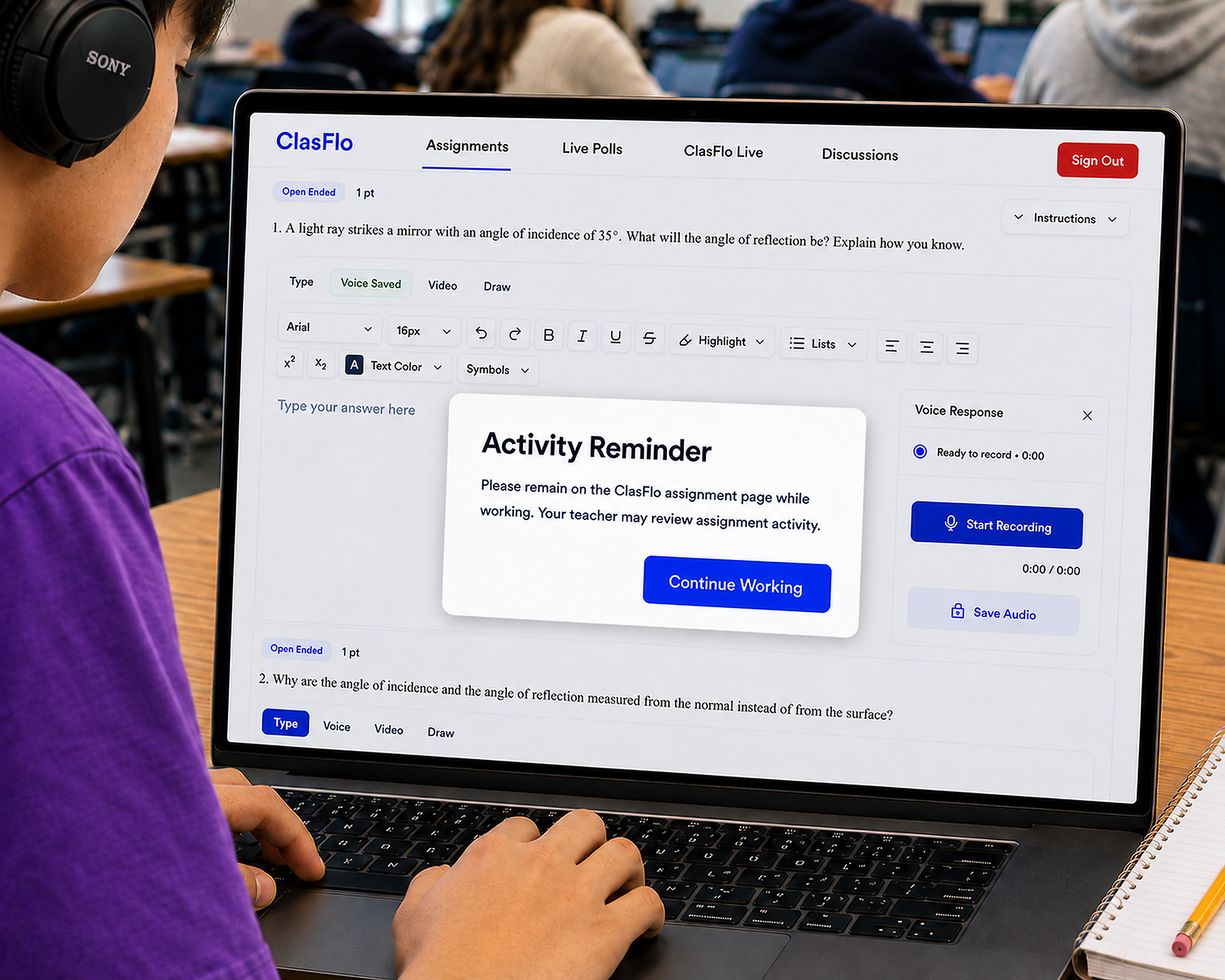 ClasFlo student assignment showing an Activity Reminder warning