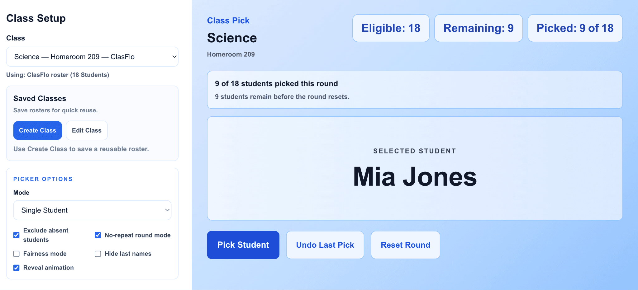 ClasFlo Random Picker selecting a student from a class roster