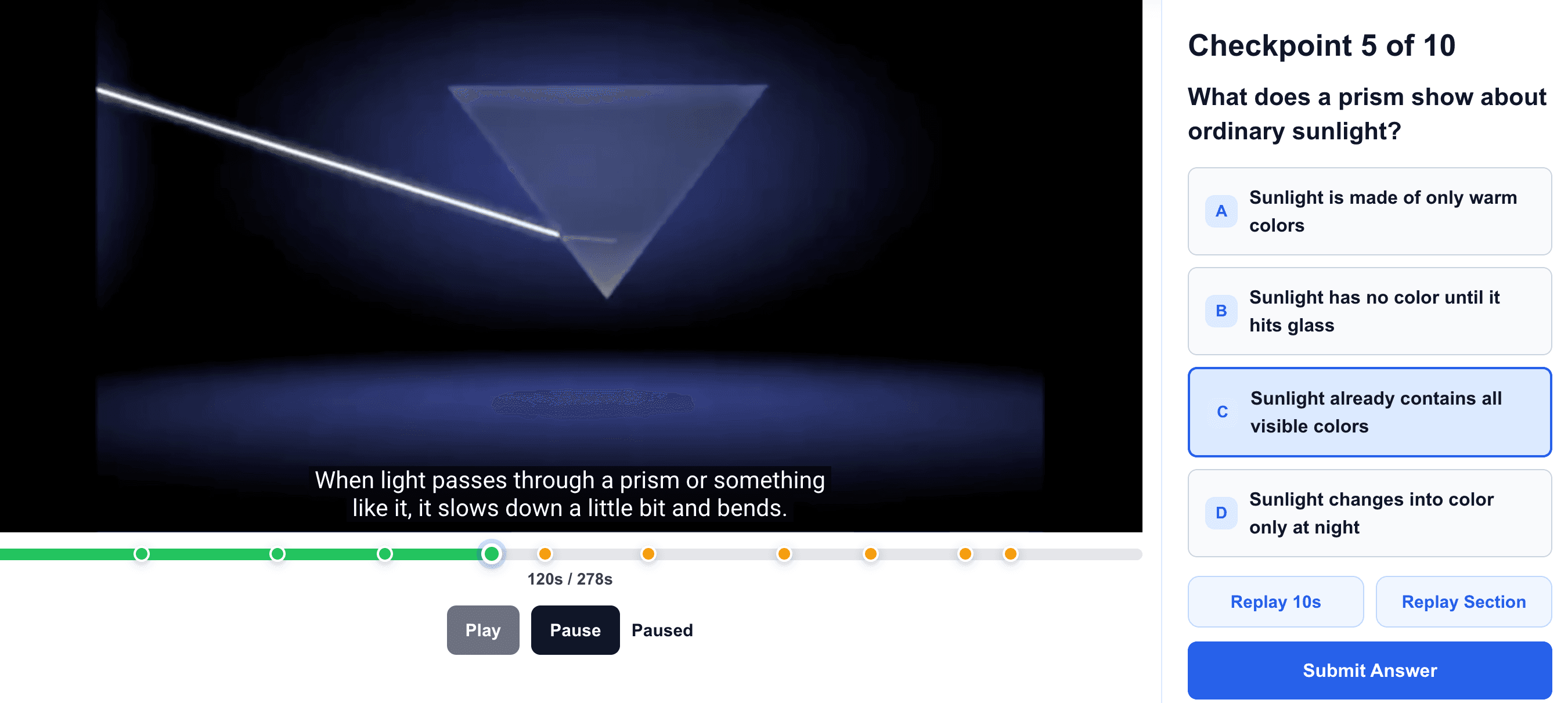 ClasFlo student answering a checkpoint question during a video activity